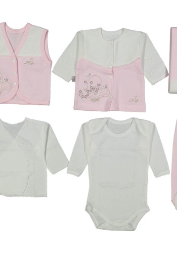 Kız Bebek Çiçek Nakışlı Vaflee Kumaş Pembe Renk 10 Lu Parça Hastane Çıkışı