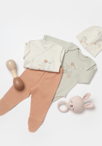 Erkek Bebek Organik Civciv Baskılı 4lü Zıbın Seti