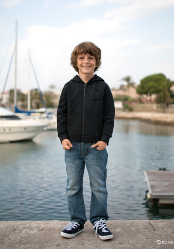 Siyah Kapşonlu Erkek Çocuk Hırkası | Fermuarlı | Cep Detaylı | 9 - 12 Yaş