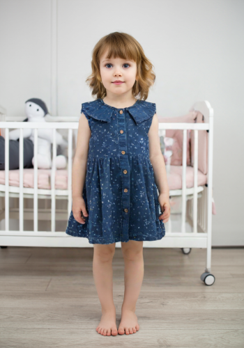 Kız Bebek Önden Düğmeli Cep Detaylı Çiçekli Kot Elbise - 9 - 12 - 18 - 24 Ay