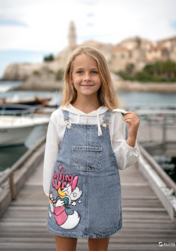 Kız Çocuk You Are Love Yazılı - Dufy Baskılı Cep Detaylı Kot Elbise - Kapşonlu Uzun Kollu - Sweatli Elbise Takım