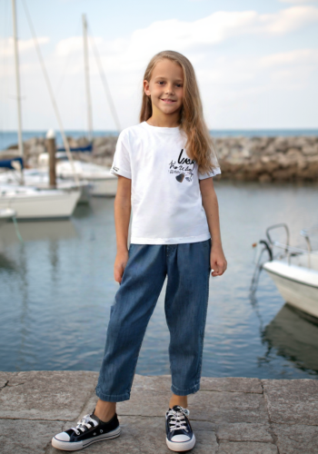 Kız Çocuk Bel Kısmı Lastikli Bağcıklı Cepli Ince Kumaşlı Kot Pantolon