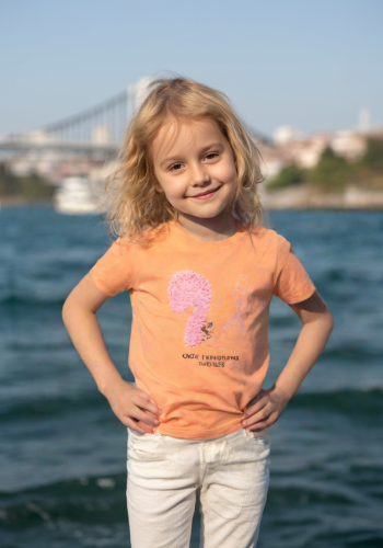 Kız Çocuk Sincap Nakışlı Kısa Kol Turuncu Renk Tişört - 3 - 4 - 5 - 6 - 7 Yaş