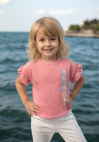 Kız Çocuk Dondurma Baskılı Waflle Kumaş Kolları Fırfırlı Somon Renk Tişört1 - 2 - 3 - 4 Yaş