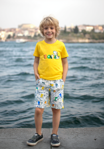 Sarı Renk Erkek Çocuk Yazlık Takım | 3 - 6 Yaş | Pijama Takımı | Sarı Tişört & Beyaz Desenli Şort