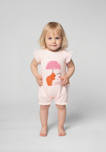 Kız Bebek Emsiyeli Sincap Baskılı Kısa Kollu Şortlu Salopet - Yavruağzı Renk - 3 - 6 - 9 - 12 Ay