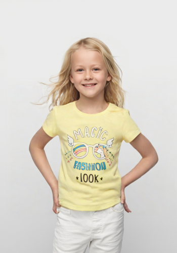 Gözlüklü Baskılı Tropikal Desen Kısa Kollu Kız Çocuk T - Shirt - Mor, 3 - 4 Yaş