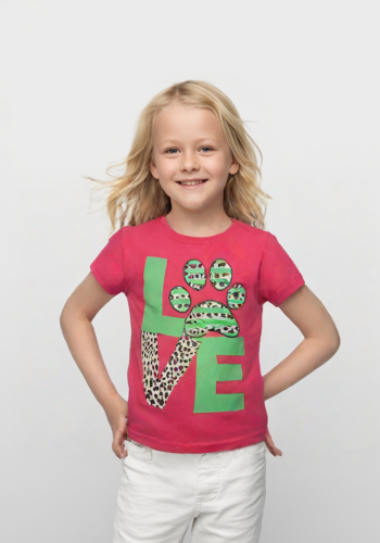 Kız Çocuk Love Desenli T - Shirt - Renk Seçenekleri Mor, Pembe, Mavi - Pamuk Malzeme - Günlük Kullanım - Sevimli Detaylar