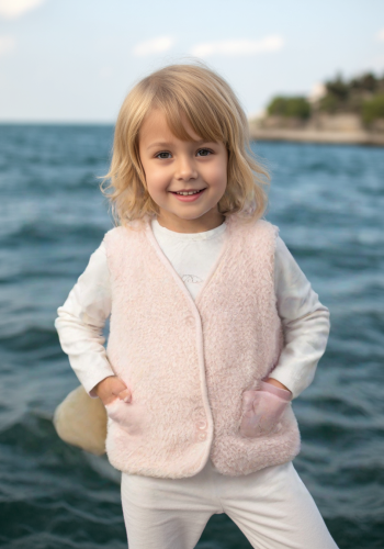 Kız Bebek Düğmeli Kedi Baskılı Cep Organik Peluş Yelek