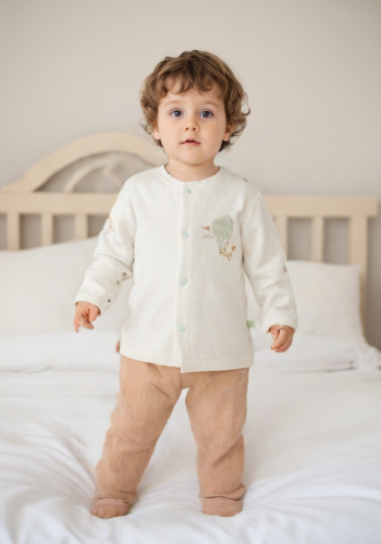 Unisex Uçan Balon Baskılı Önden Çıtçıtlı Üst Waffle Kumaşlı Ayaklı Alt Pantolonlu Battaniyeli Zıbın Seti