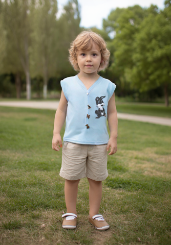 Erkek Bebek Tavşan Figürlü Ahşap Düğmeli Penye Yelek