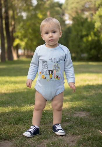 Erkek Bebek Hello Ayıcık Baskılı Uzun Kollu Mavi Renk Bady