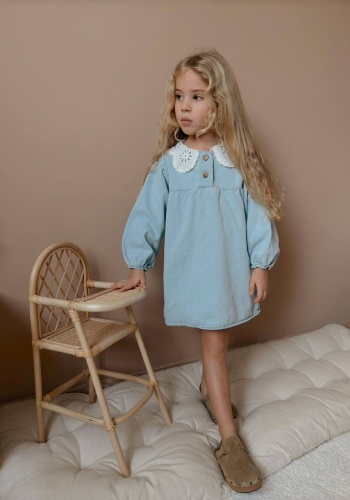 Kız Çocuk Dantel Yakalı - Düğmeli - Mavi Renk Kot Elbise