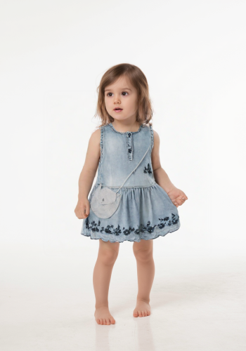 Kız Bebek Çiçek Nakışlı Kor Elbise - 6 Ay - Kot - Sıfır Kol - Çiçek Nakışlı