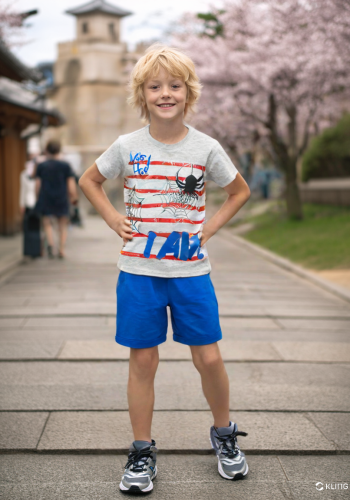 Erkek Çocuk Şortlu 2li Takım | Mavi & Beyaz & Kırmızı | Şort & Tişört Takım