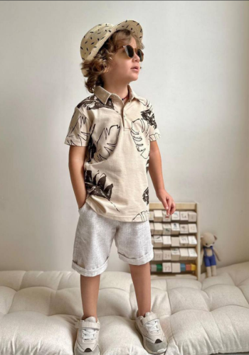 Erkek Çocuk Yaprak Desenli - Polo Yaka - Kısa Kollu - Kahve Renk Tişörtlü Şortlu Takım