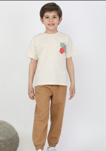 Erkek Çocuk Arkası Desenli - Kısa Kollu Tişörtlü  - Keten Pantolonlu Takım