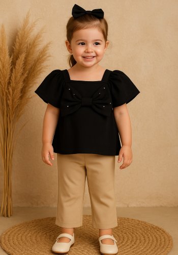 Kız Çocuk Fiyonk Detaylı Siyah Renk Kısa Kollu Tişörtlü Taytlı Takım