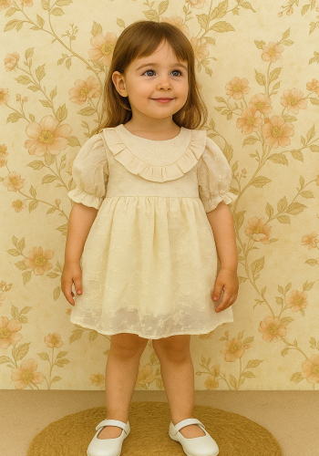 Kız Çocuk Kısa Kollu - Fistolu - Krem Renk Elbise