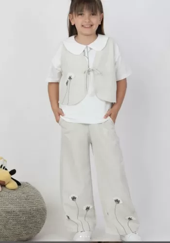 Kız Çocuk Çiçek Nakışlı  Keten  Bağcıklı  Yelek  Bol Paça  Pantolon Takım