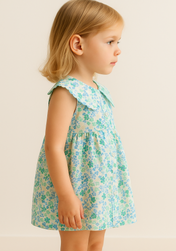Kız Çocuk Önden Düğmeli - Sıfır Kol - Çiçekli Elbise