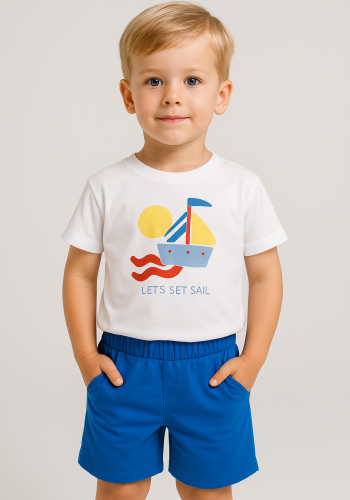 Erkek Çocuk Yelkenli Baskılı - Kısakollu Tişörtlü - Şortlu Takım
