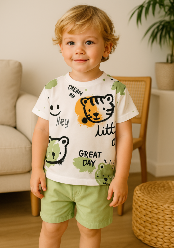 Erkek Çocuk Kedi Kafa Baskılı Kısa Kollu - Şortlu Yeşil Renk Takım
