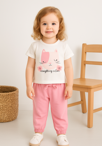 Kız Bebek Kedi Baskılı Keten Pantolonlu Takım