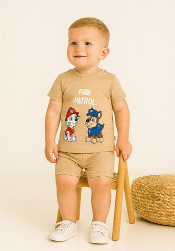Erkek Bebek Paw Petrol Baskılı Kahve Renk Şortlu Takım
