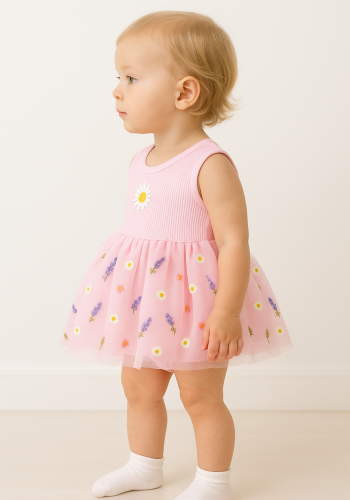 Kız Bebek Çiçek Nakışlı Tüllü Sıfır Kol Pembe Renk Elbise