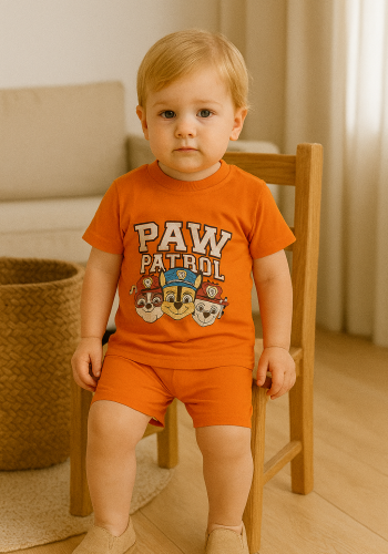 Erkek Bebek Paw Petrol Baskılı Turuncu Renk Kısa Kollu Şortlu Takım