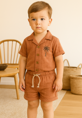 Erkek Bebek Palmiye Baskılı Kısa Kol Gömlekli Şortlu Keten Takım