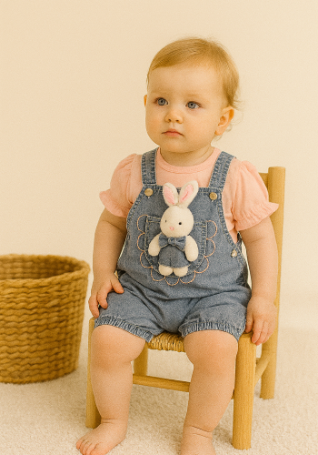 Kız Bebek Tavşan Detaylı Kısa Kol Tişörtlü Kot Bahçıvan