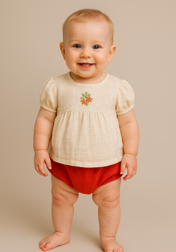 Kız Bebek Krem Renk Ön Kısmı Çiçek Işlemeli Kısa Kollu Şortlu Keten Takım