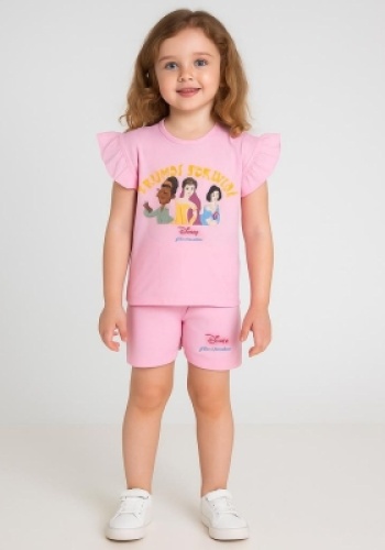 Kız Bebek Friends Forever Yazılı Prenses Baskılı Pembe Renk Kısa Kollu Şortlu Takım