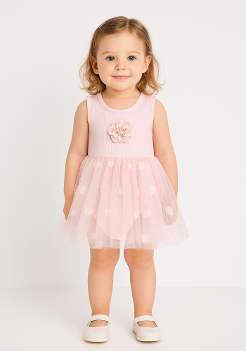 Kız Bebek Gül Işlemeli Sıkır Kollu Çıtçıtlı Pembe Renk Tüllü Elbise