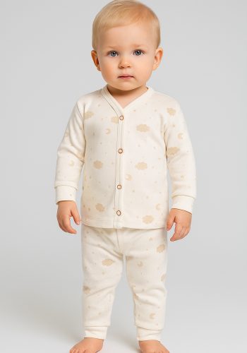 Erkek Bebek Önden Çıtçıt Detaylı Bulut Ve Ay Baskılı Uzun Kollu Pijama Takımı