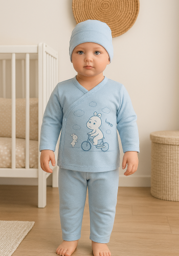 Erkek Bebek Şapkalı Kendinden Eldivenli Ayaklı 3 Parça Zıbın Seti