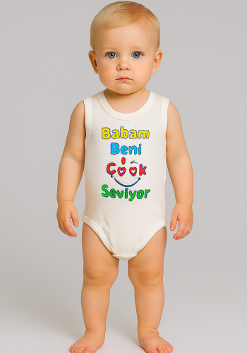 Unisex Babam Beni Çok Seviyor Yazılı Sıfır Kollu Çıtçıtlı Bady
