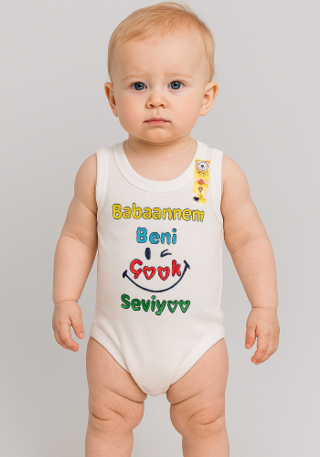 Unisex Babannem Beni Çok Seviyor Yazılı Sıfır Kollu Çıtçıtlı Bady