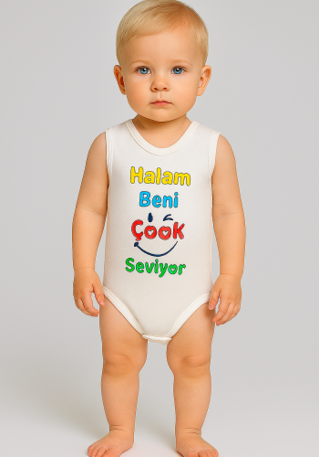Ünisex Halam Beni Çok Seviyor Yazılı Sıfır Kollu Çıtçıtlı Bady