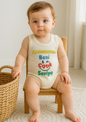 Ünisex Anneannem Beni Çok Seviyor Yazılı Sıfır Kollu Çıtçıtlı Bady