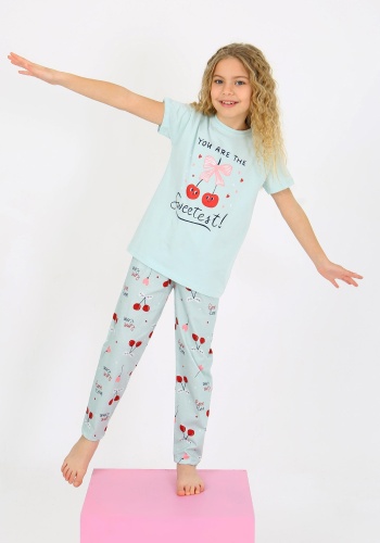 Kız Çocuk You Are The Yazılı Kiraz Baskılı Kısa Kollu Su Yeşili Pijama Takımı
