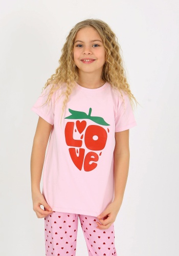 Kız Çocuk Love Baskılı Kalpli Kısakollu Pembe Renk Pijama Takımı