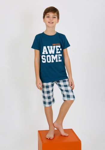 Erkek Çocuk Awe Some Yazılı Kısa Kollu Yeşil Renk Pijama Takımı