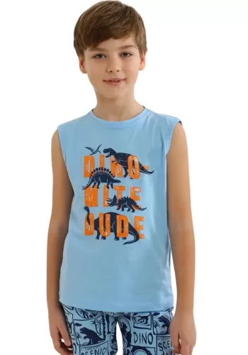 Erkek Çocuk Dinazor Baskılı Sıfır Kollu Şortlu Pijama Takımı