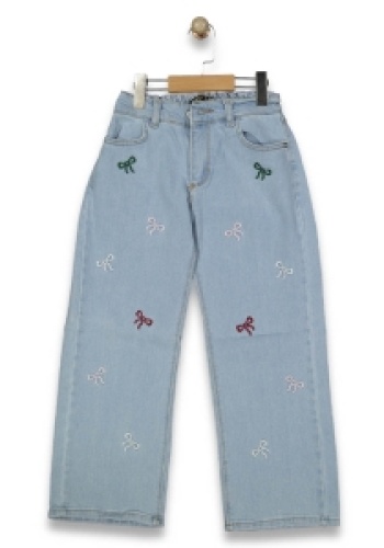 Kız Çocuk Fiyonk Işlemeli Garson Boy Bol Paçalı Kot Pantolon