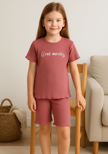 Kız Çocuk Good Morninig Yazılı Fitilli Kısa Kollu Pamuklu Pudra Renk Şort Takım