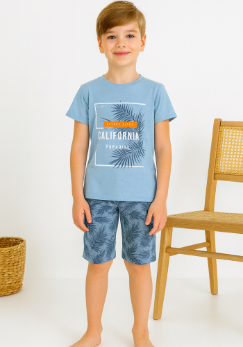 Erkek Çocuk Calıfornıa Paradise Yazılı Palmiye Baskılı Kısa Kollukaprili Pijama Takımı