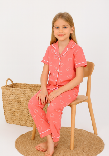Kız Çocuk Kalp Baskılı Önden Düğmeli Kısa Kollu Pamuklu Pijama Takımı